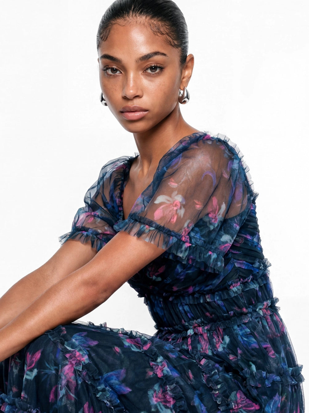 Anaya With Love Navy Floral Print Ruffle Midaxi Dress