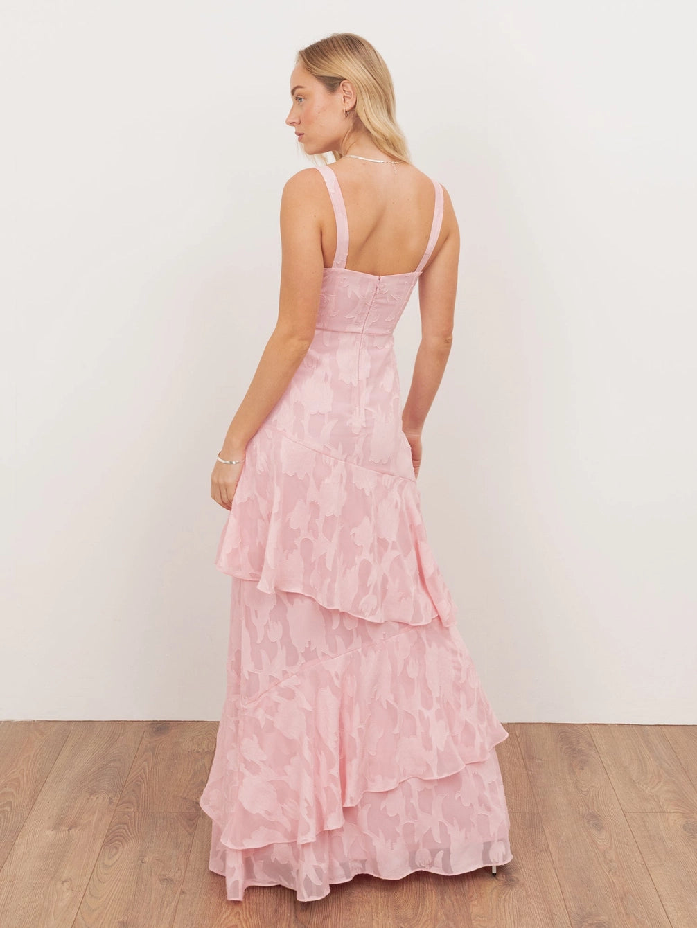Anaya With Love Pink Floral Burnout Asymmetric Ruffle Hem Maxi Dress
