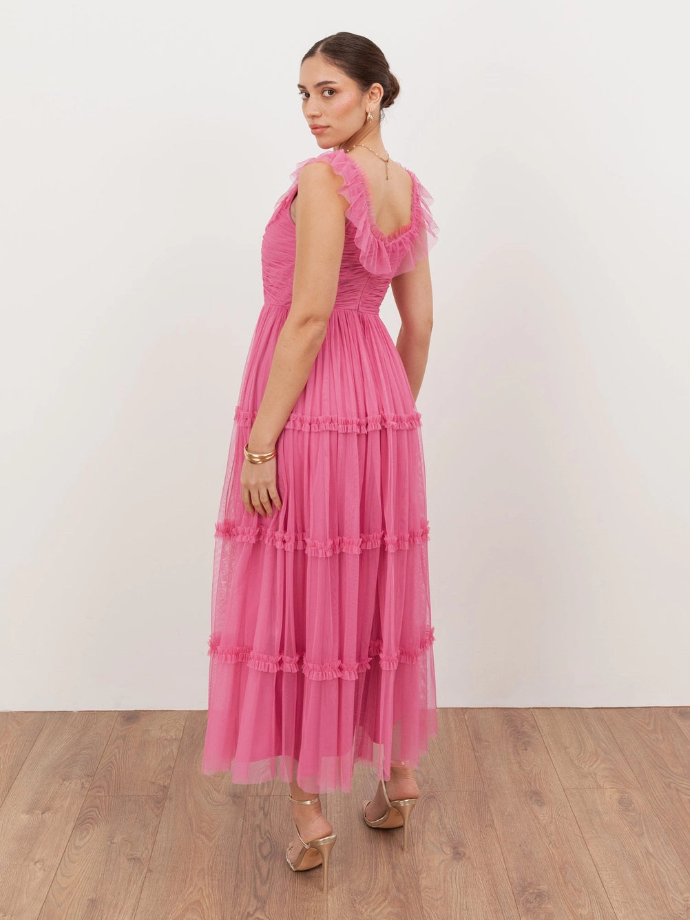 Anaya With Love Pink Ruffle Square Neck Tulle Midaxi Dress