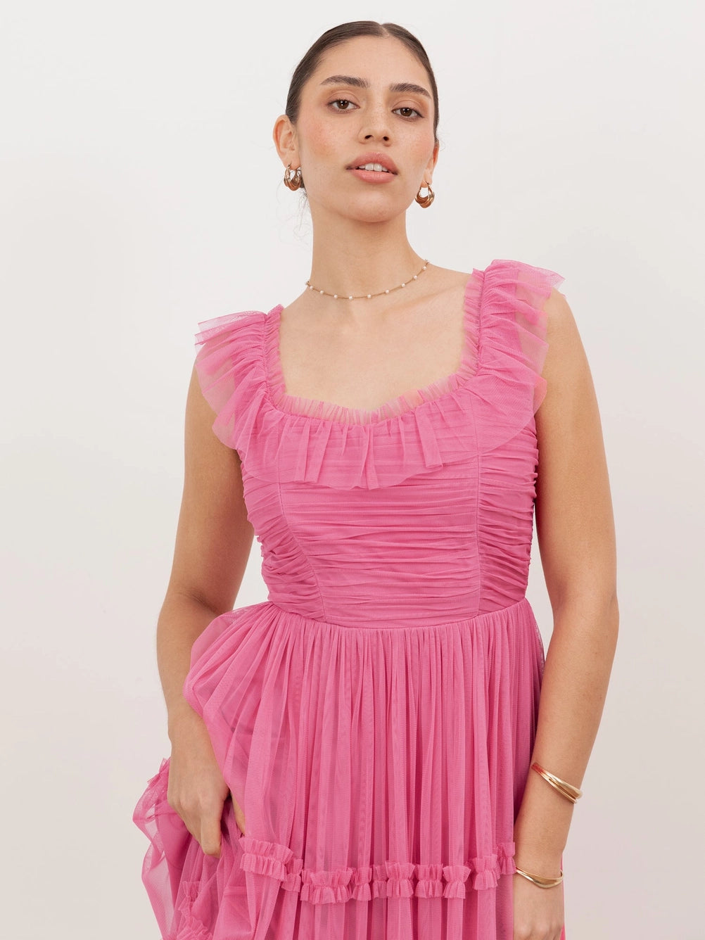 Anaya With Love Pink Ruffle Square Neck Tulle Midaxi Dress