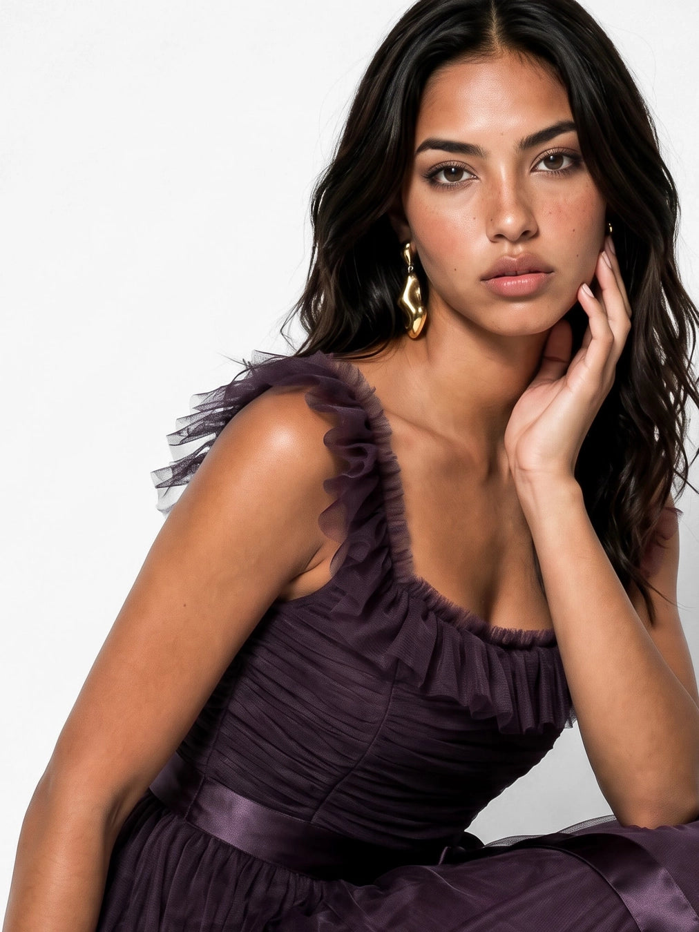 Anaya With Love Fig Strappy Ruffle Tulle Maxi Dress