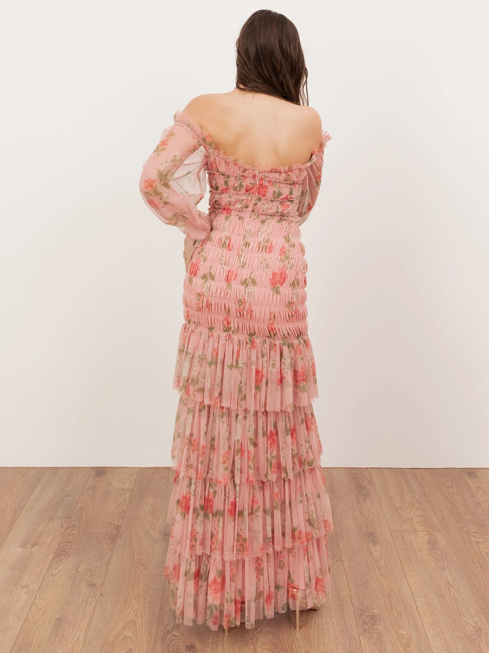 Anaya With Love Pink Floral Ruched Long Sleeve Bardot Maxi Dress