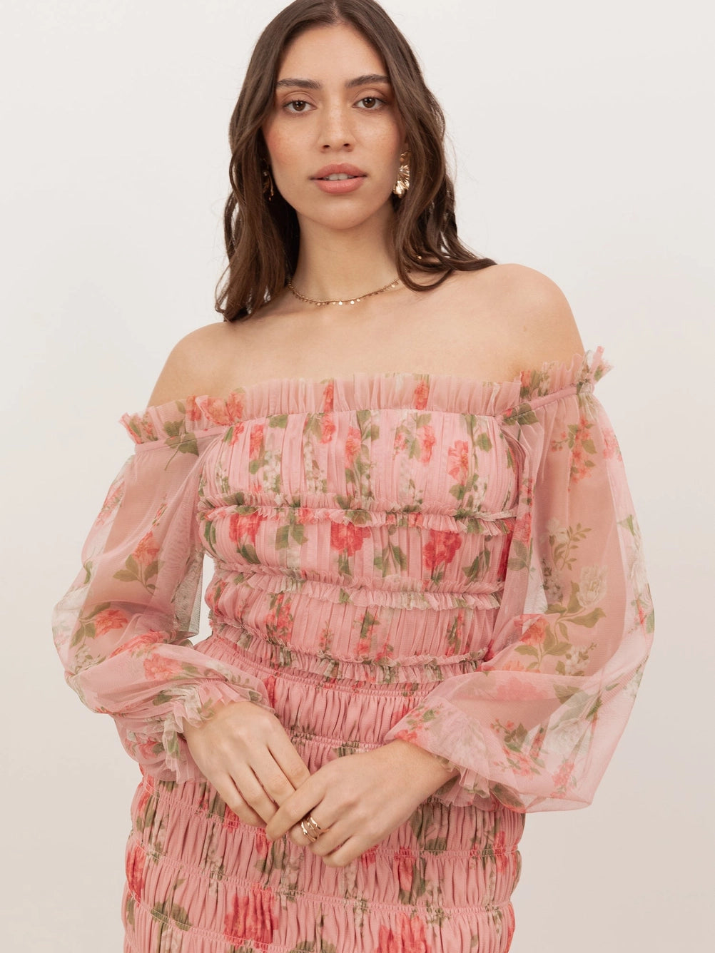Anaya With Love Pink Floral Ruched Long Sleeve Bardot Maxi Dress