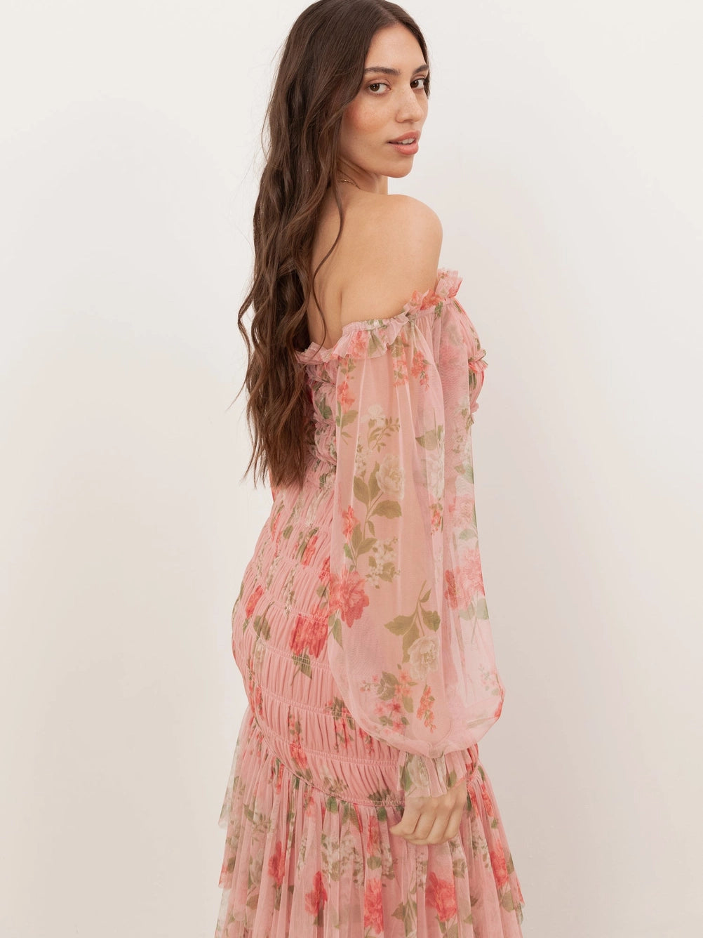 Anaya With Love Pink Floral Ruched Long Sleeve Bardot Maxi Dress