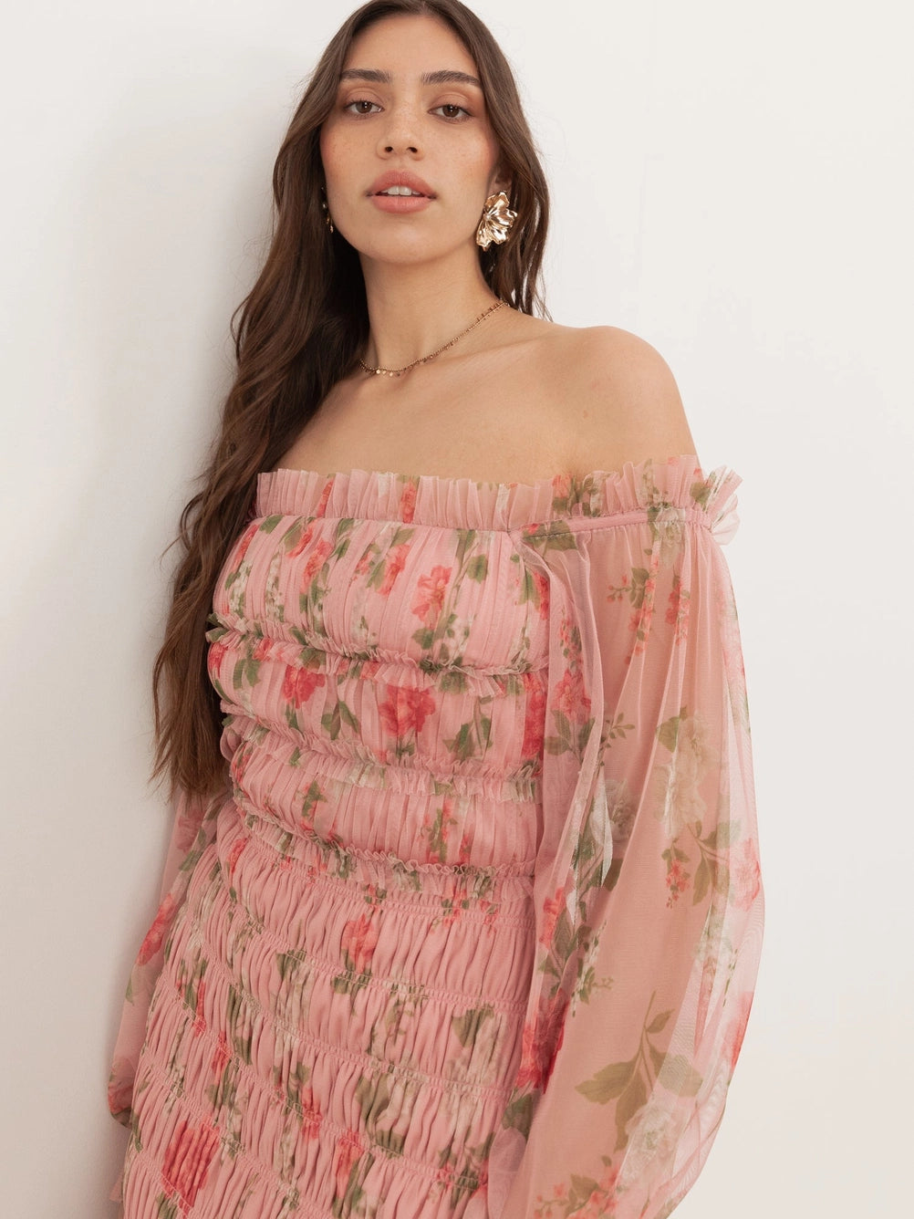 Anaya With Love Pink Floral Ruched Long Sleeve Bardot Maxi Dress