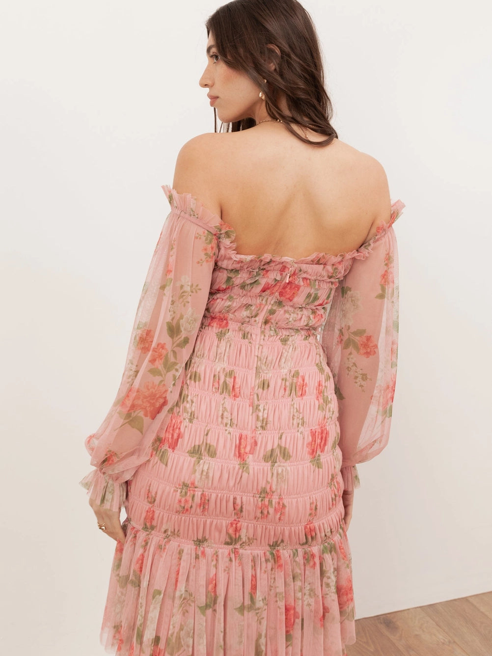Anaya With Love Pink Floral Ruched Long Sleeve Bardot Maxi Dress