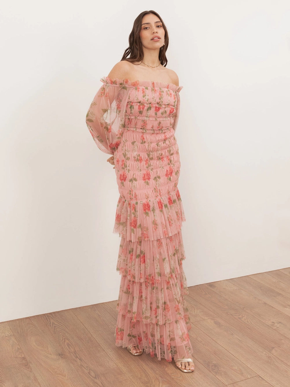 anaya-with-love-ruched-pink-floral-bardot-maxi-dress