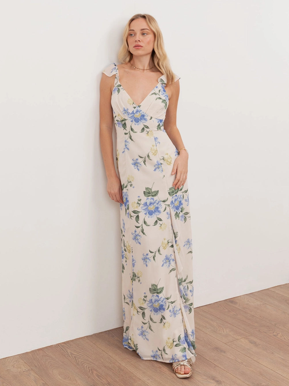 Anaya With Love Ruffle Strappy Blue Floral Maxi Dress