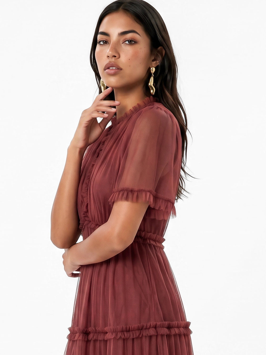 Anaya With Love Rusted Rose Keyhole Short Sleeve Frill Midaxi Dress