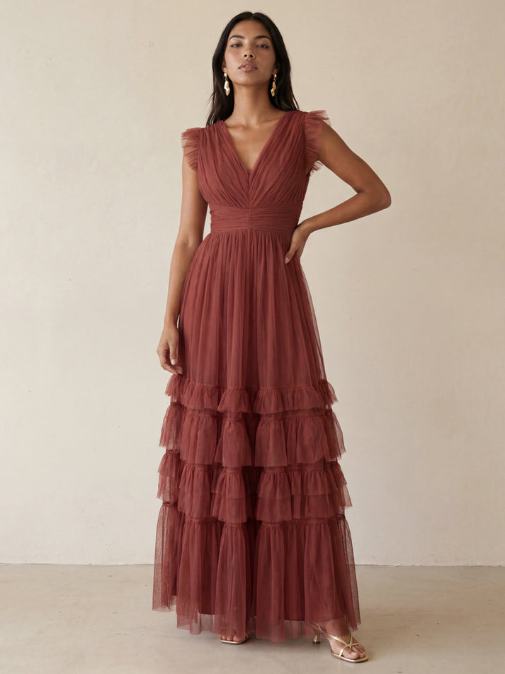 Anaya With Love Rusted Rose Flutter Sleeve Tulle Maxi Dress