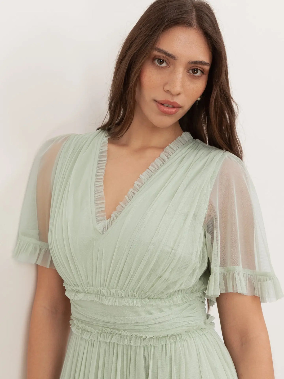 Anaya With Love Soft Sage Tulle Ruffle Maxi Dress