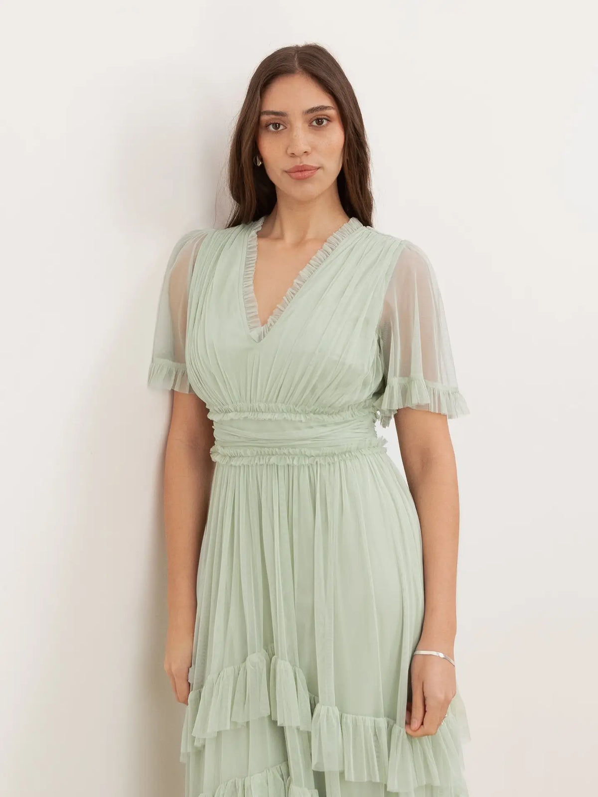 Anaya With Love Soft Sage Tulle Ruffle Maxi Dress