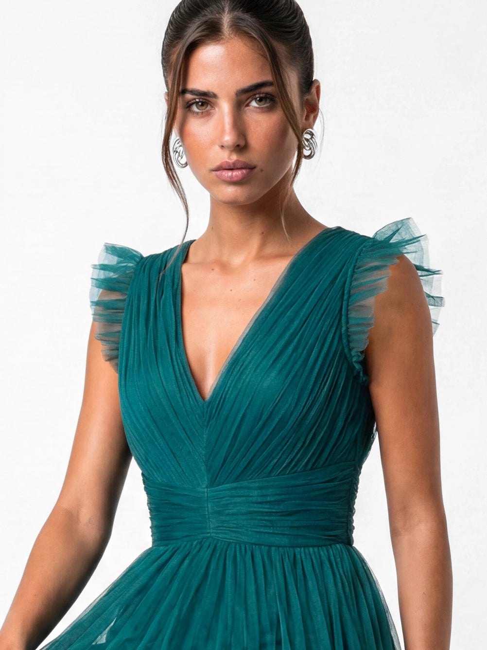 Anaya With Love Teal Flutter Sleeve Tulle Maxi Dress