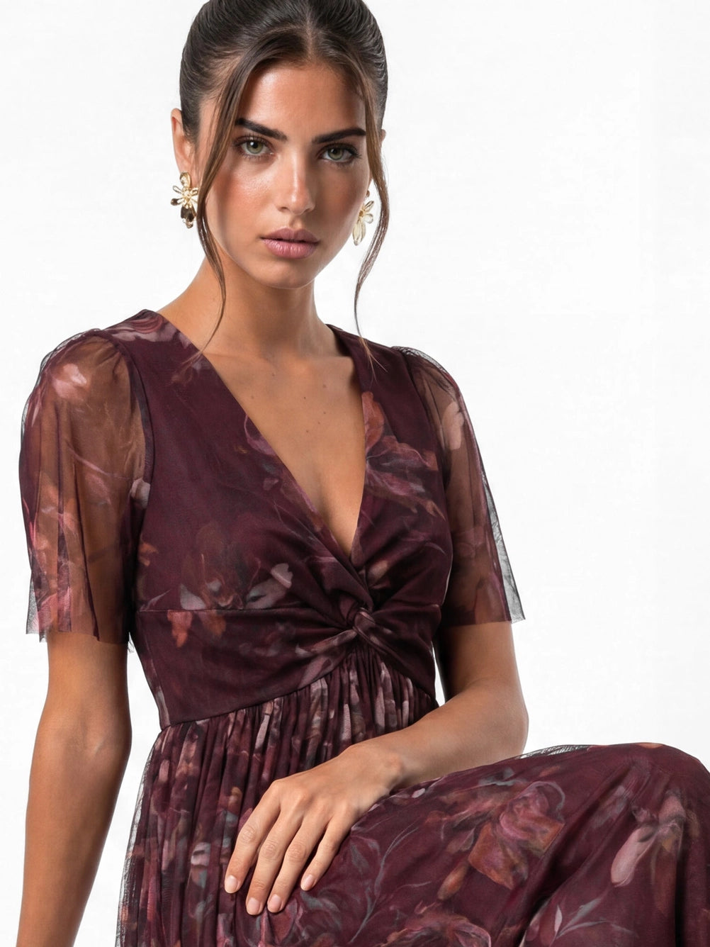 Anaya With Love Short Sleeve Fig Floral Tulle Maxi Dress