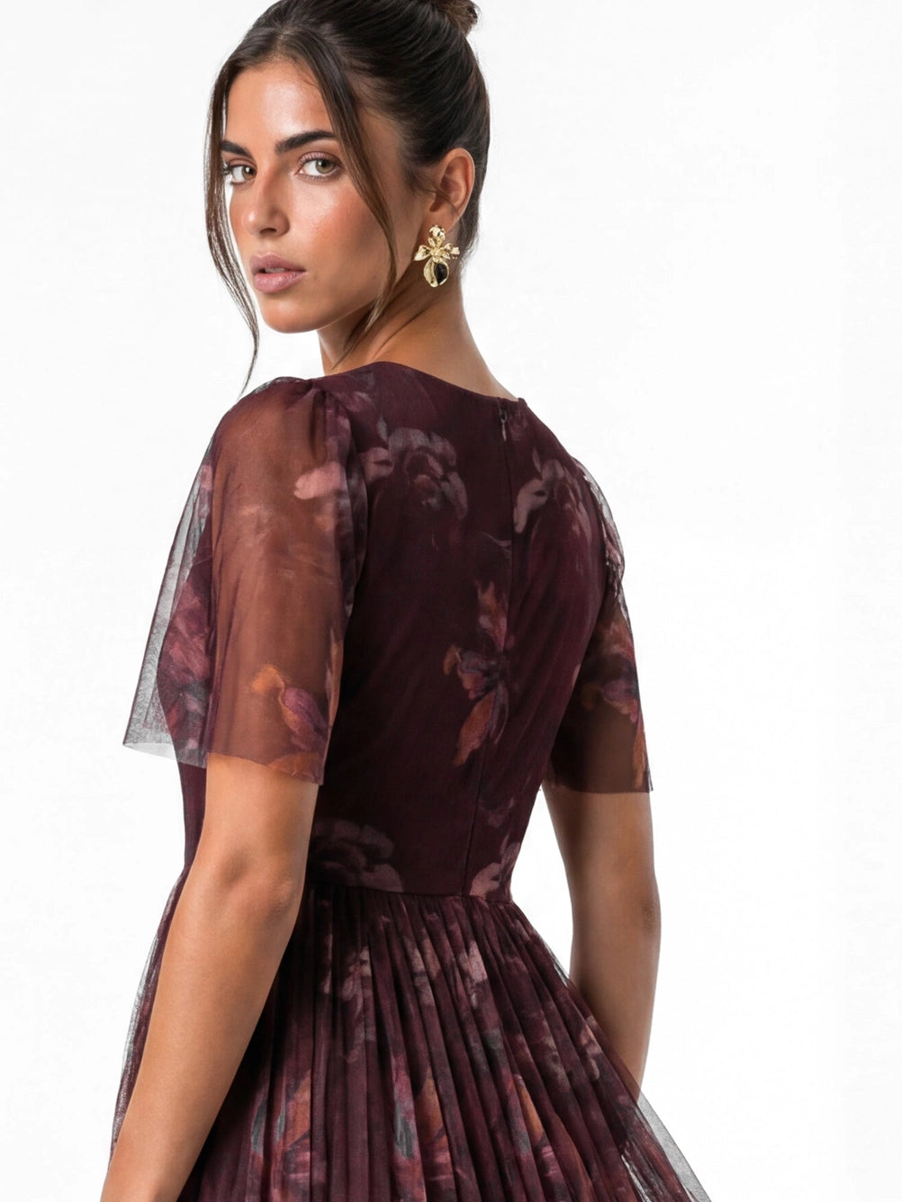 Anaya With Love Short Sleeve Fig Floral Tulle Maxi Dress