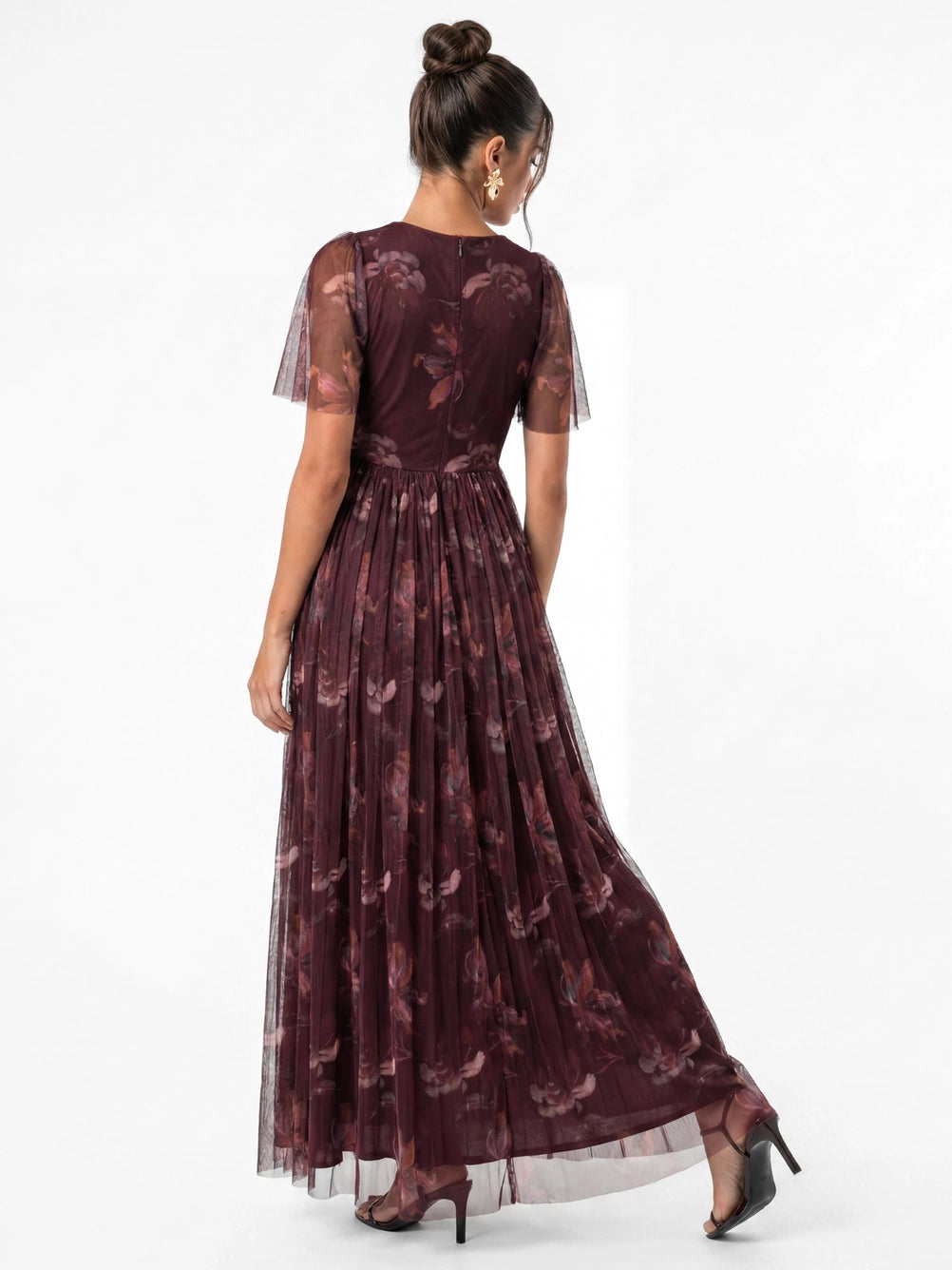 Anaya With Love Short Sleeve Fig Floral Tulle Maxi Dress