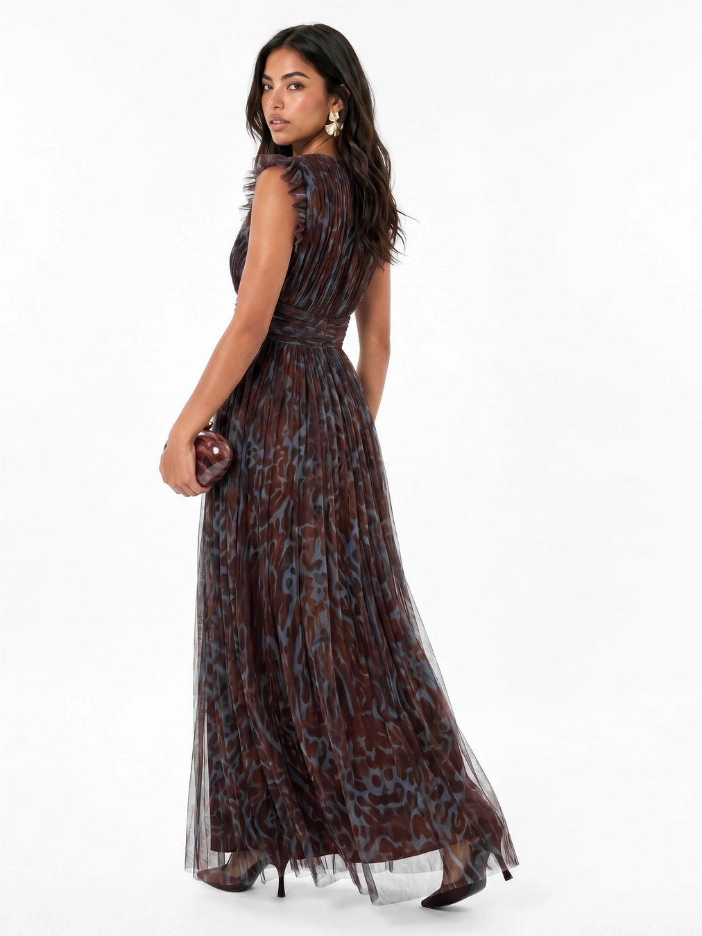 Anaya With Love Brown Animal Print Flutter Sleeve Tulle Maxi Dress