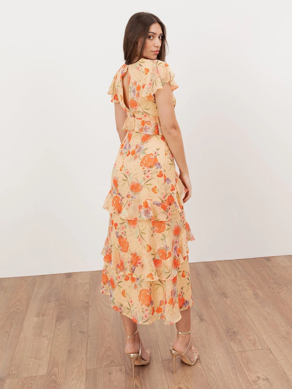 Anaya With Love Orange Floral Ruffle Midi Dress