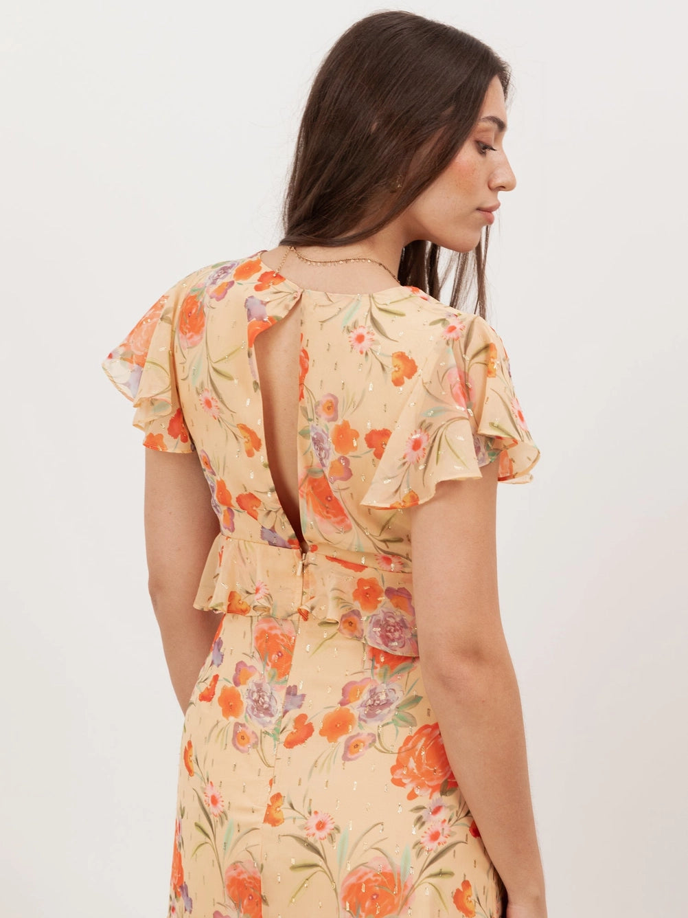 Anaya With Love Orange Floral Ruffle Midi Dress