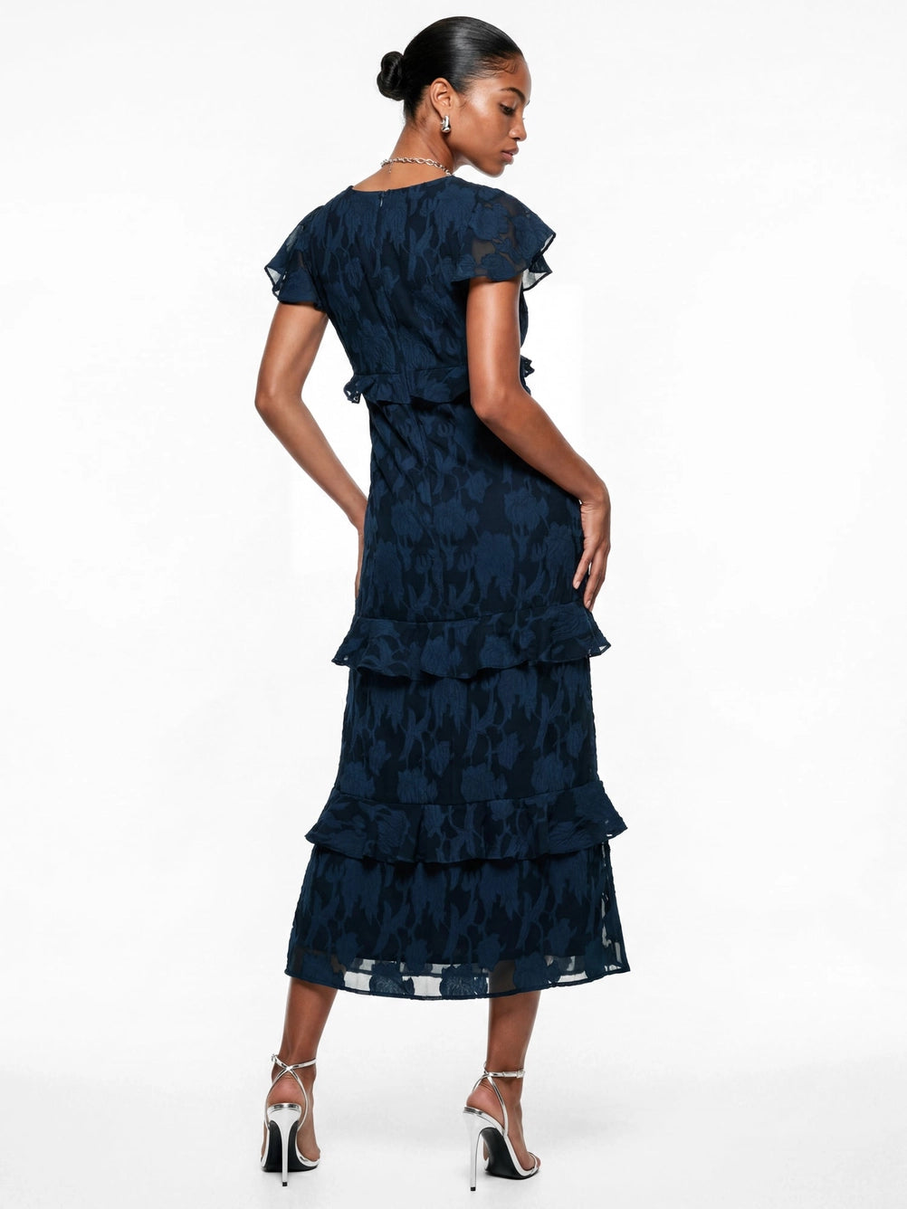 Anaya With Love Floral Navy Blue Burnout V Neck Ruffle Midi Dress