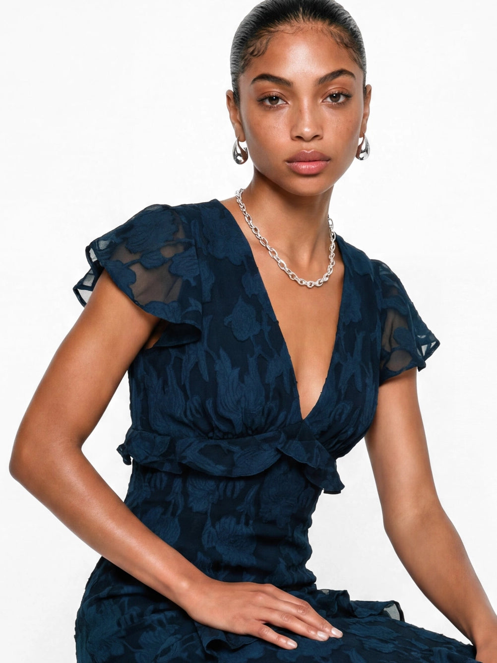 Anaya With Love Floral Navy Blue Burnout V Neck Ruffle Midi Dress