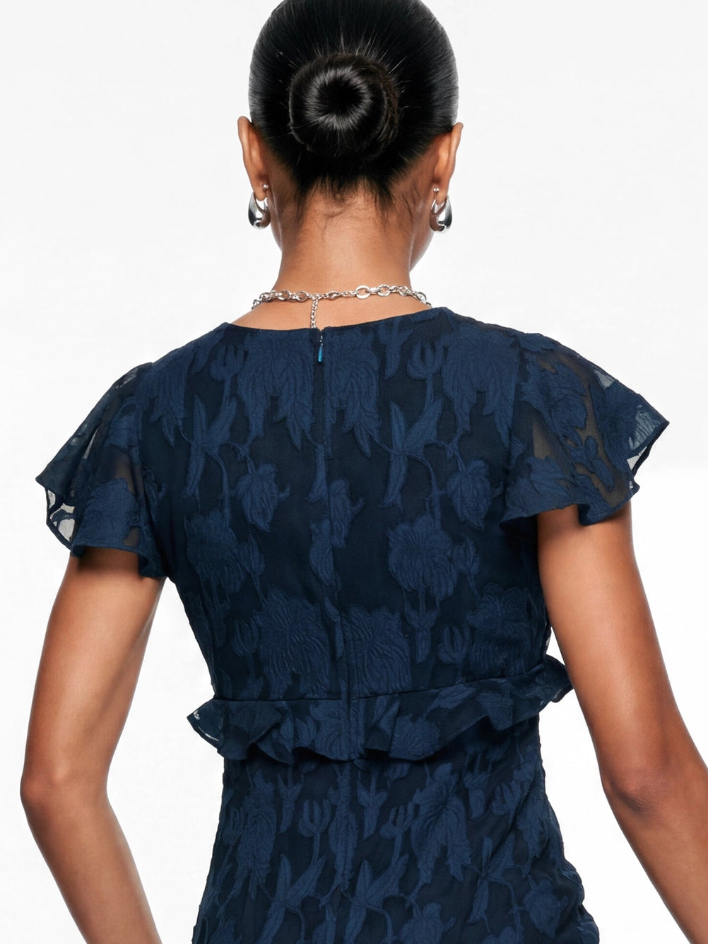Anaya With Love Floral Navy Blue Burnout V Neck Ruffle Midi Dress
