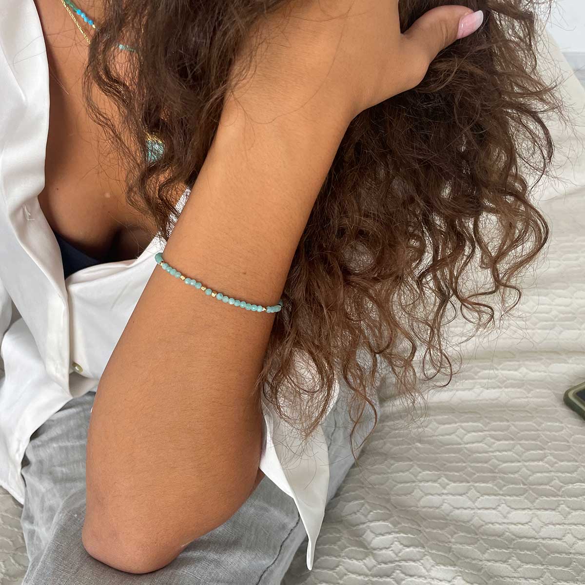 Milos Gemstone and Gold Bead Bracelet Malachite