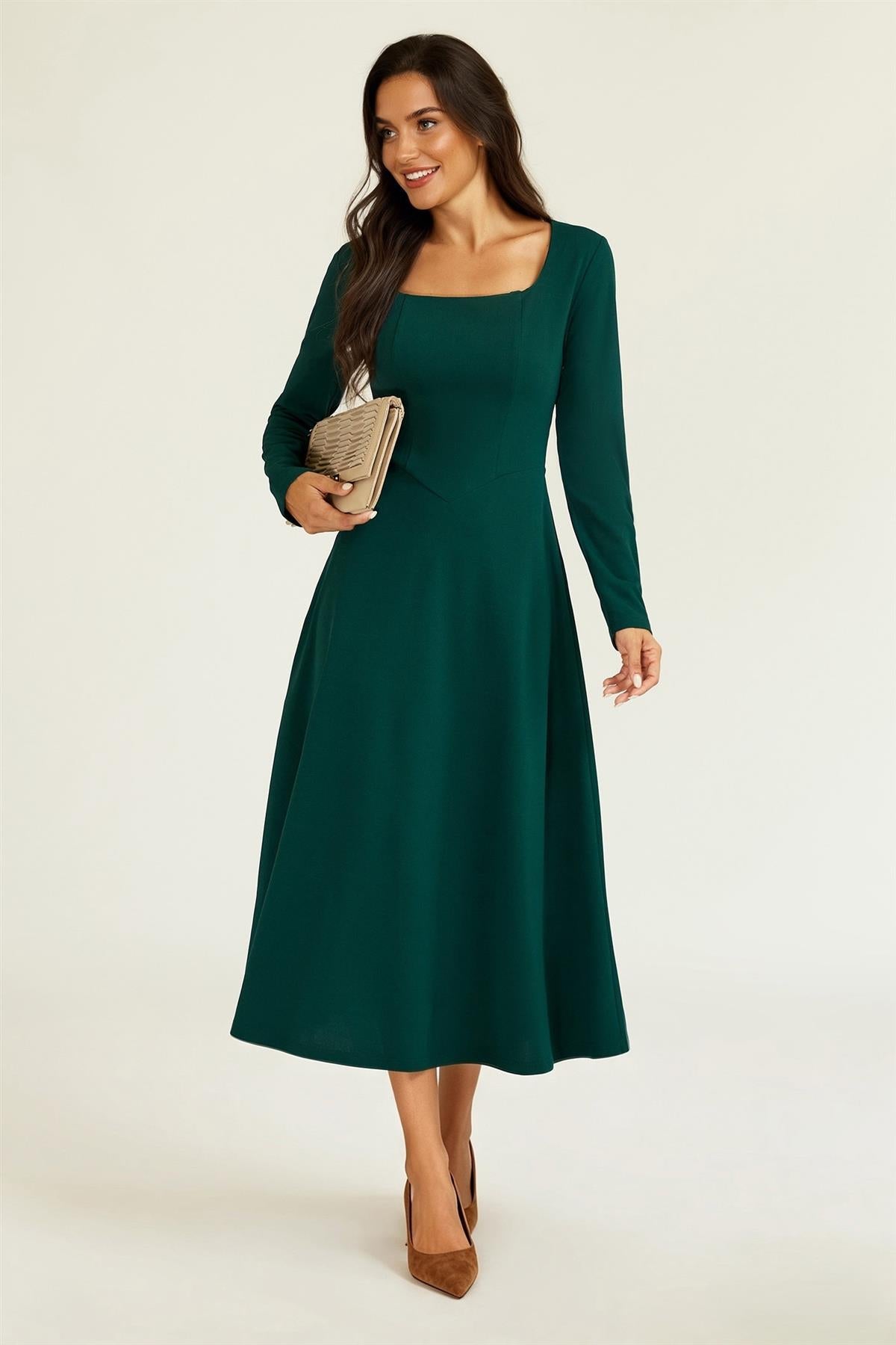 Square Neck Long Sleeve Fit & Flare Midi Dress In Green