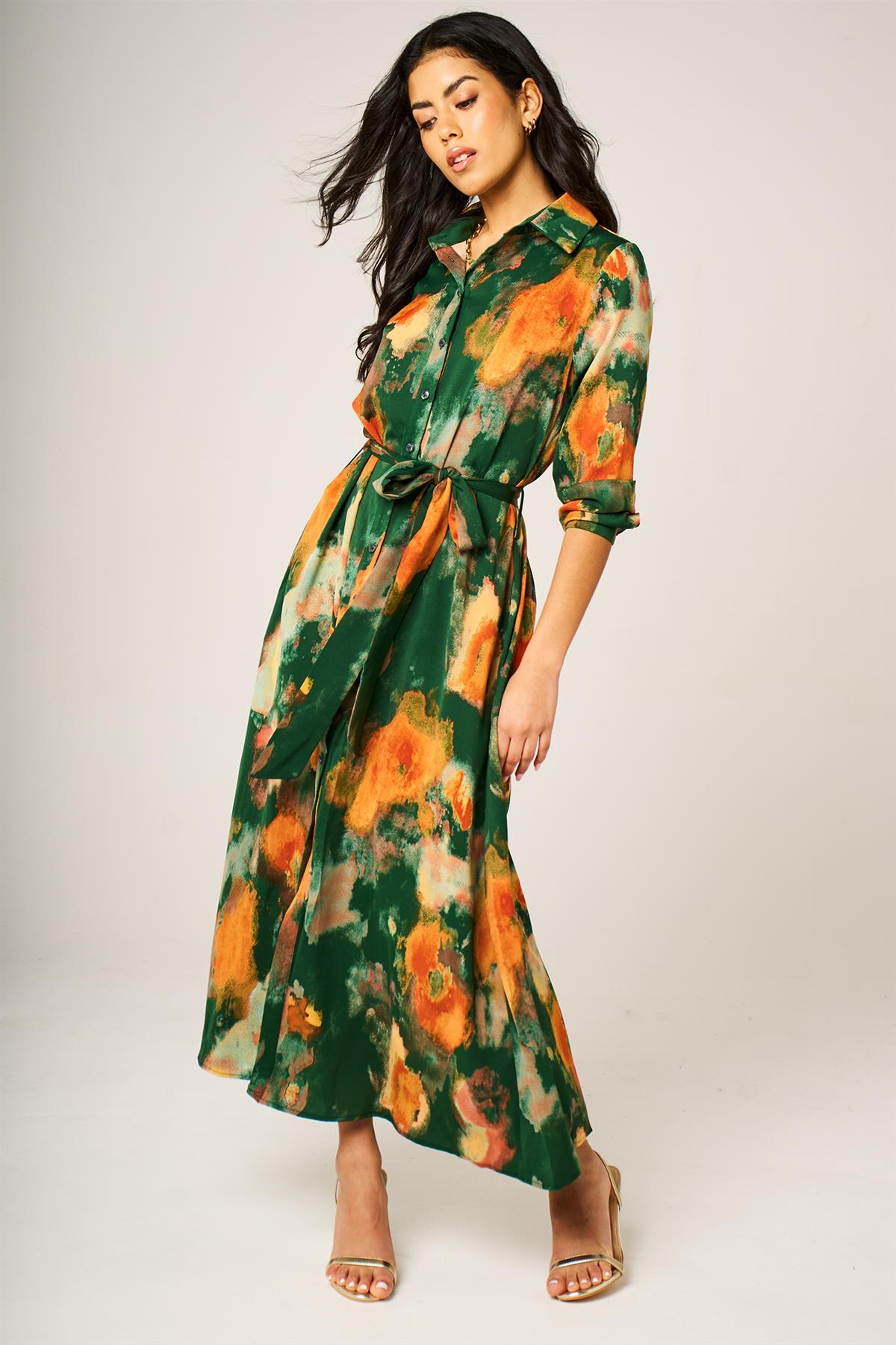 Abstract Floral Long Sleeve Belted Shirt Dress In Green