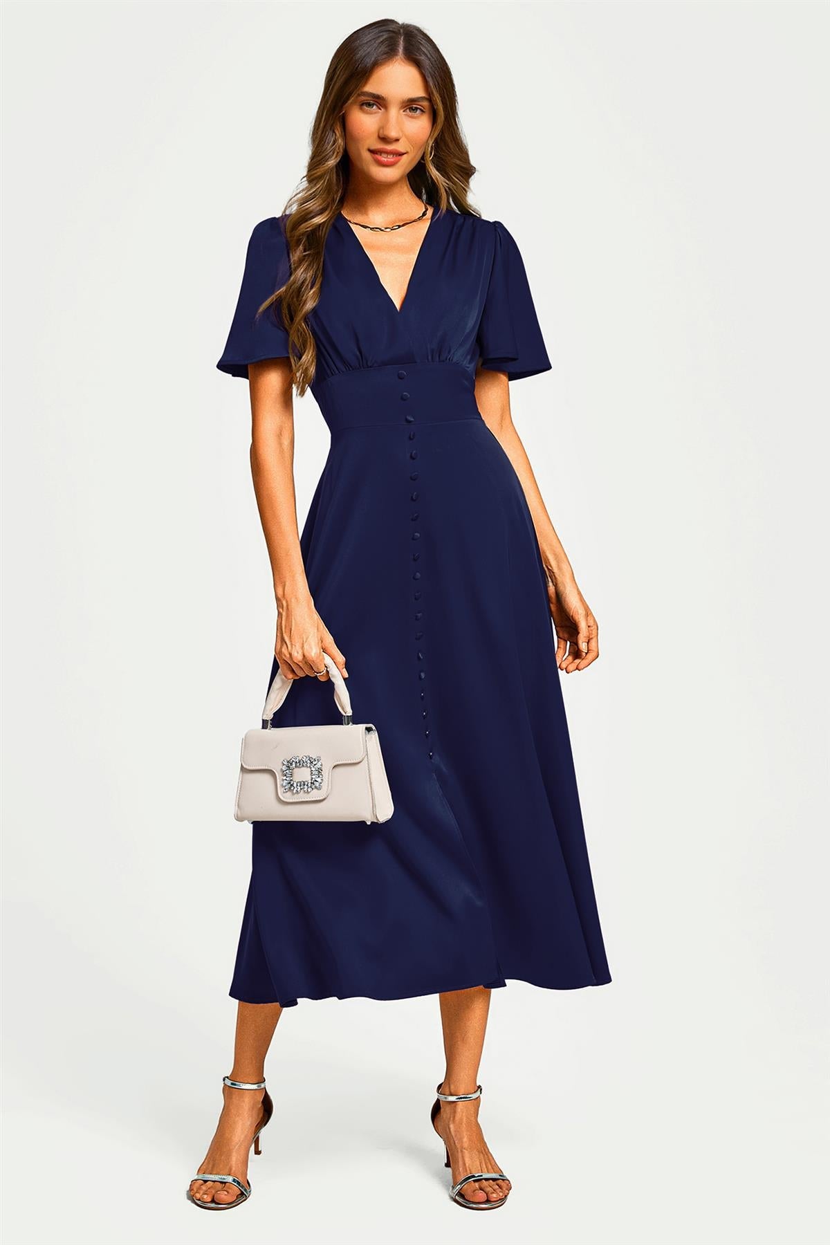 FS Collection Satin V neckline Button Detail Dress In Navy