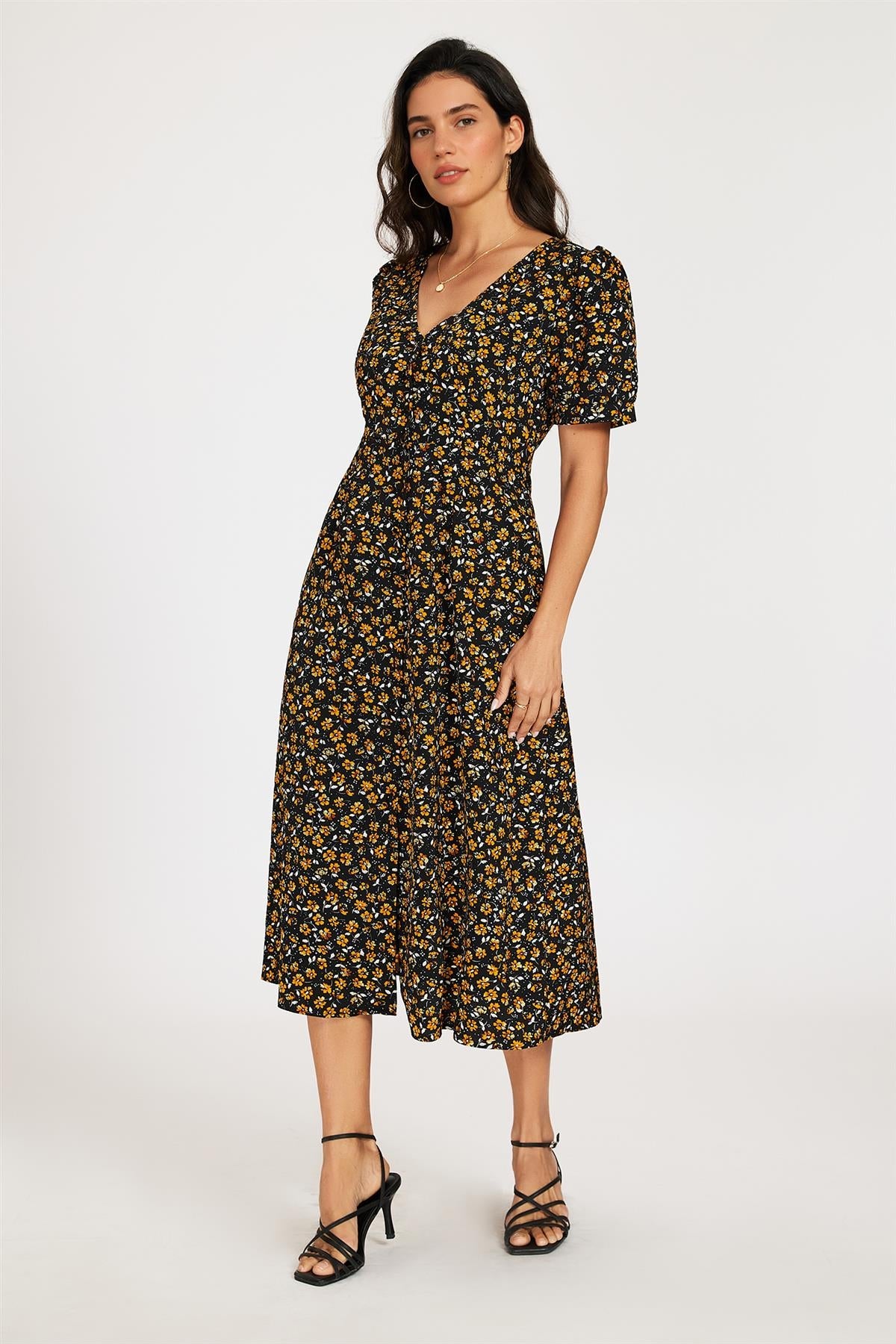 FS Collection Floral Print Button Front Puff Sleeve Midi Dress In Black
