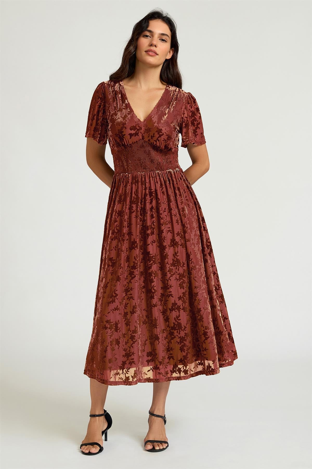 FS Collection Velvet Burnout V-Neck Angel Sleeve Midi Dress