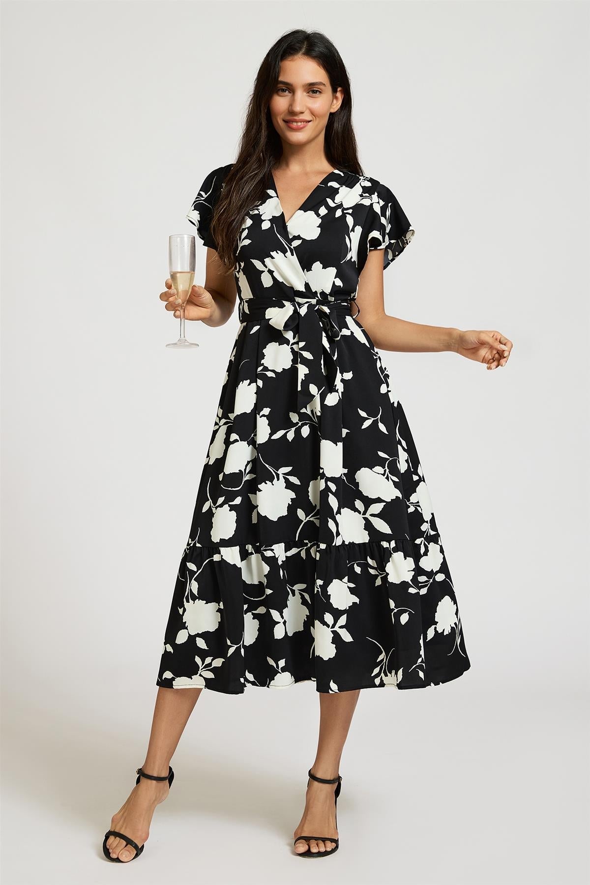 FS Collection White Floral Print Wrap Top Belted Midi Dress In Black