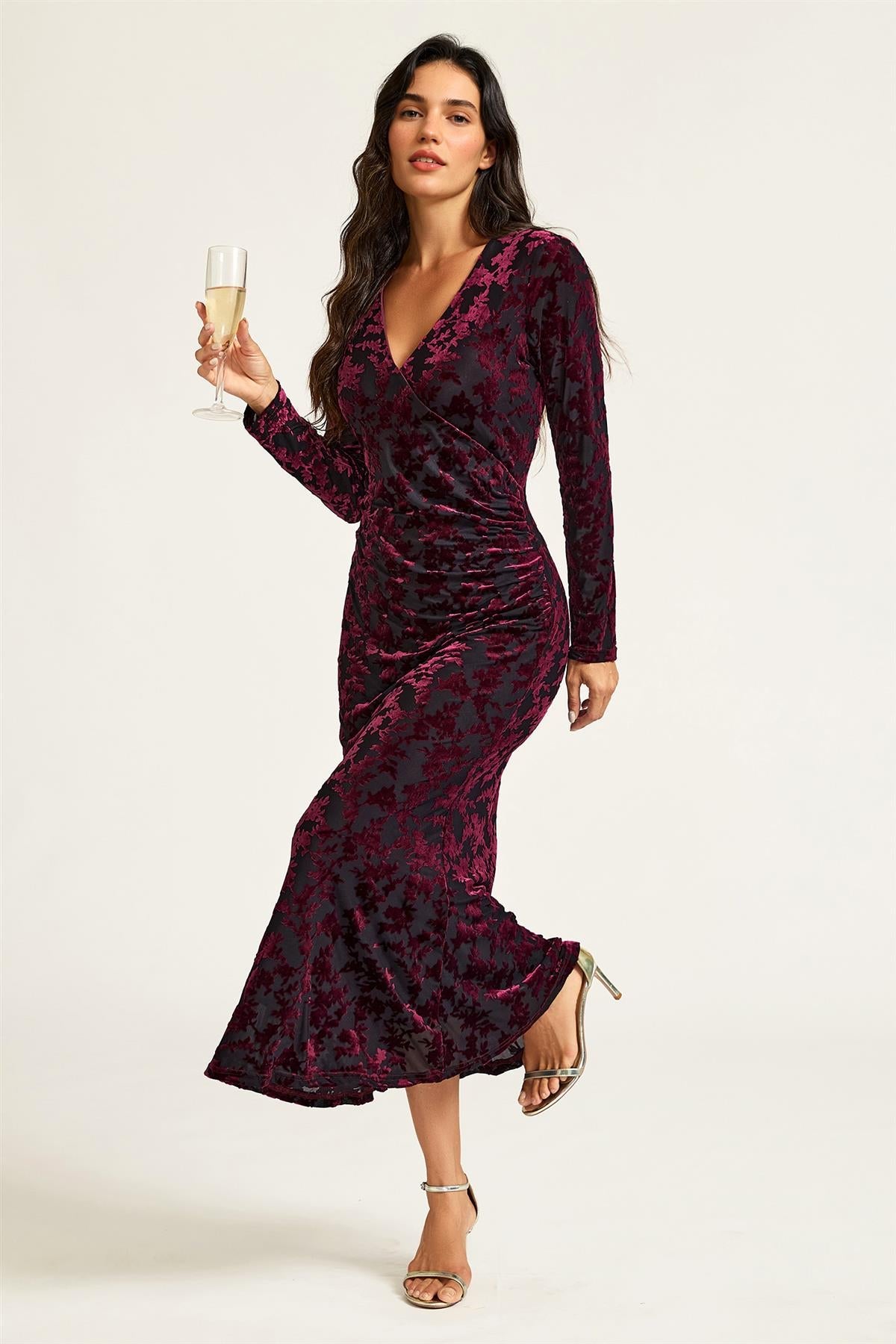 FS Collection Wine Floral Velvet Devore Long Sleeve Wrap Midi Dress