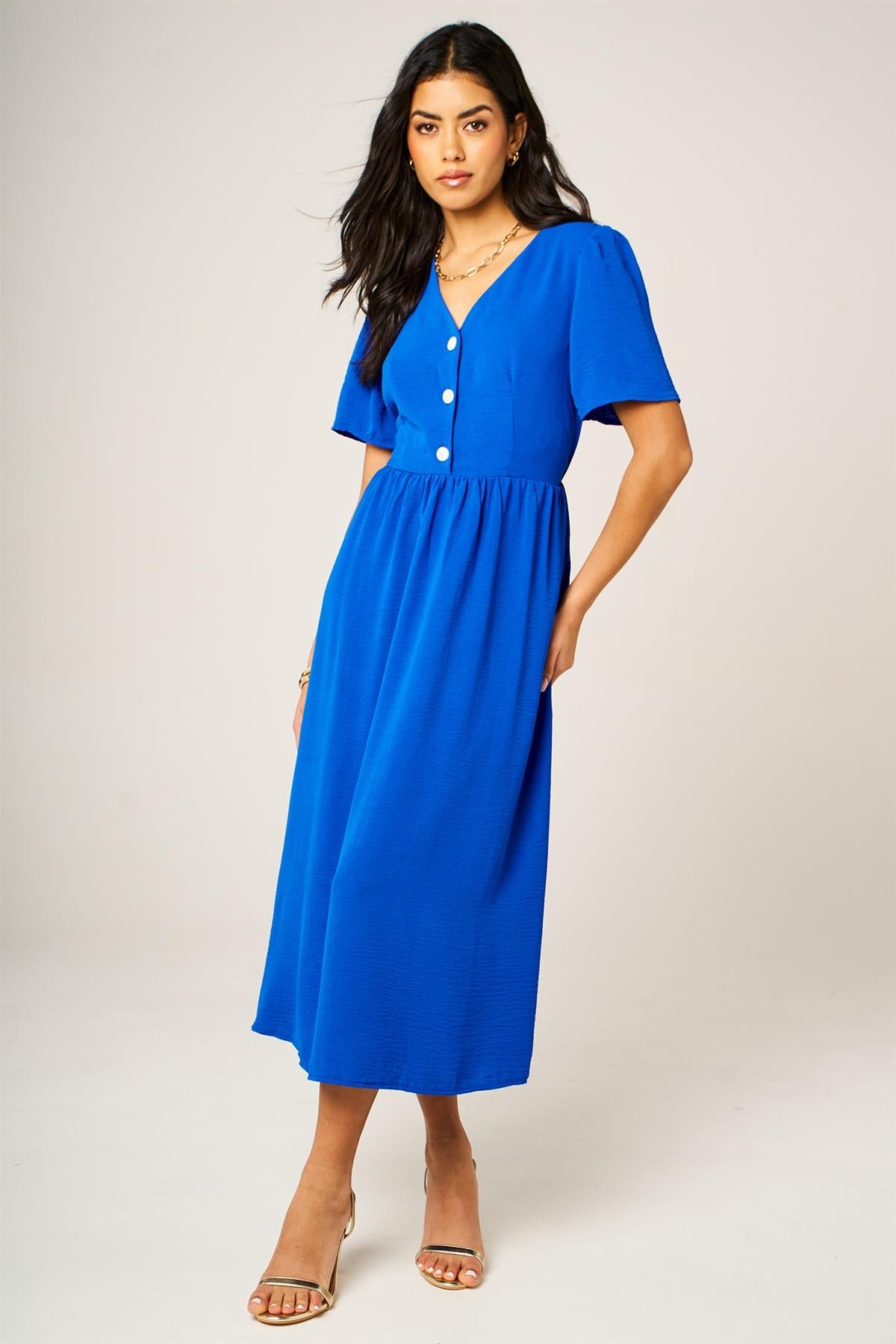 Button Front Midi Dress In Royal Blue