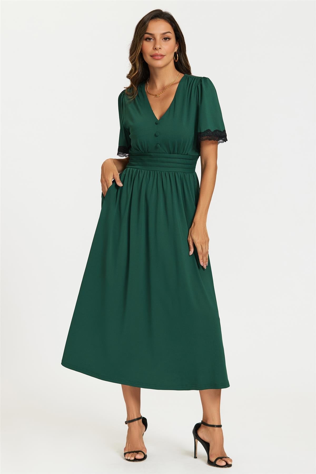 FS Collection Lace Trim Green Jersey Midi Dress
