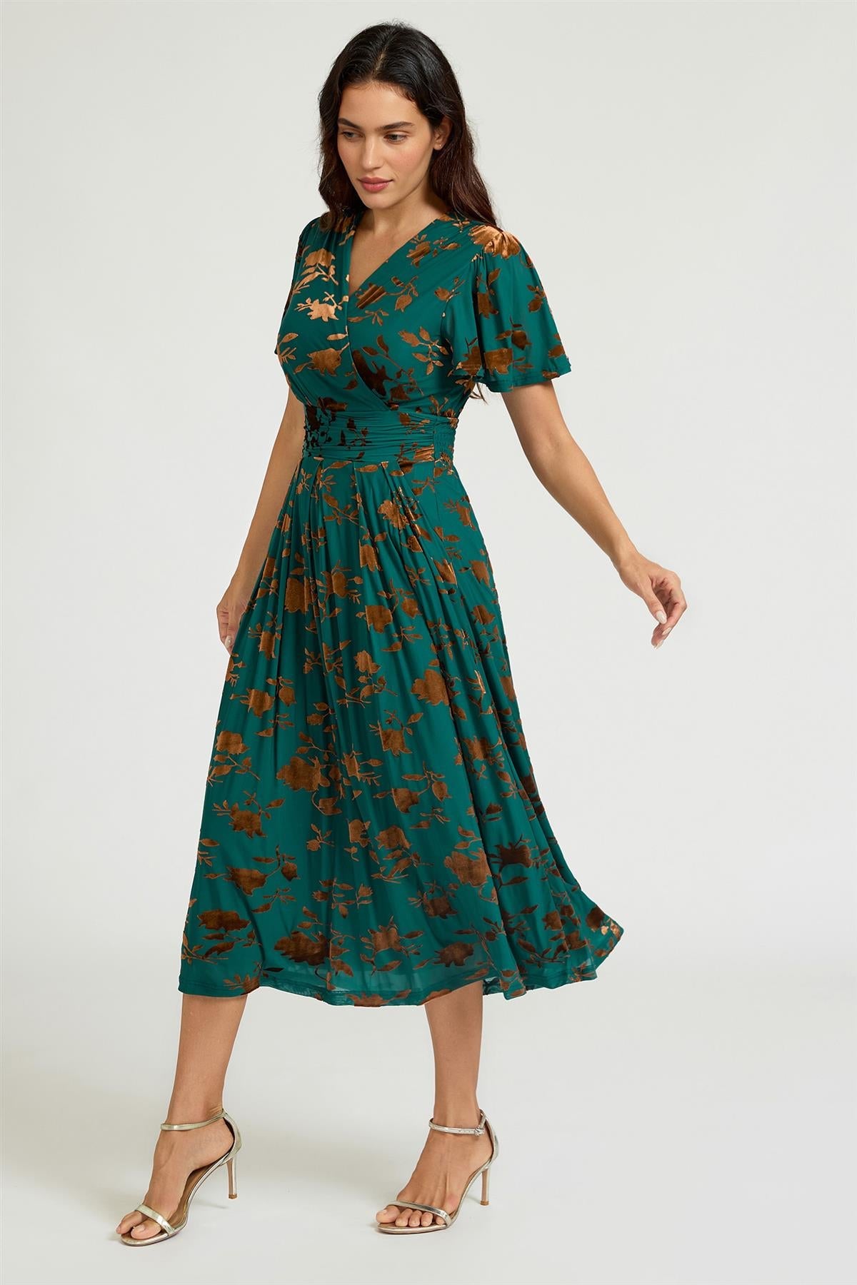 FS Collection Velvet Flock Short Sleeve Midi Dress In Jade Green