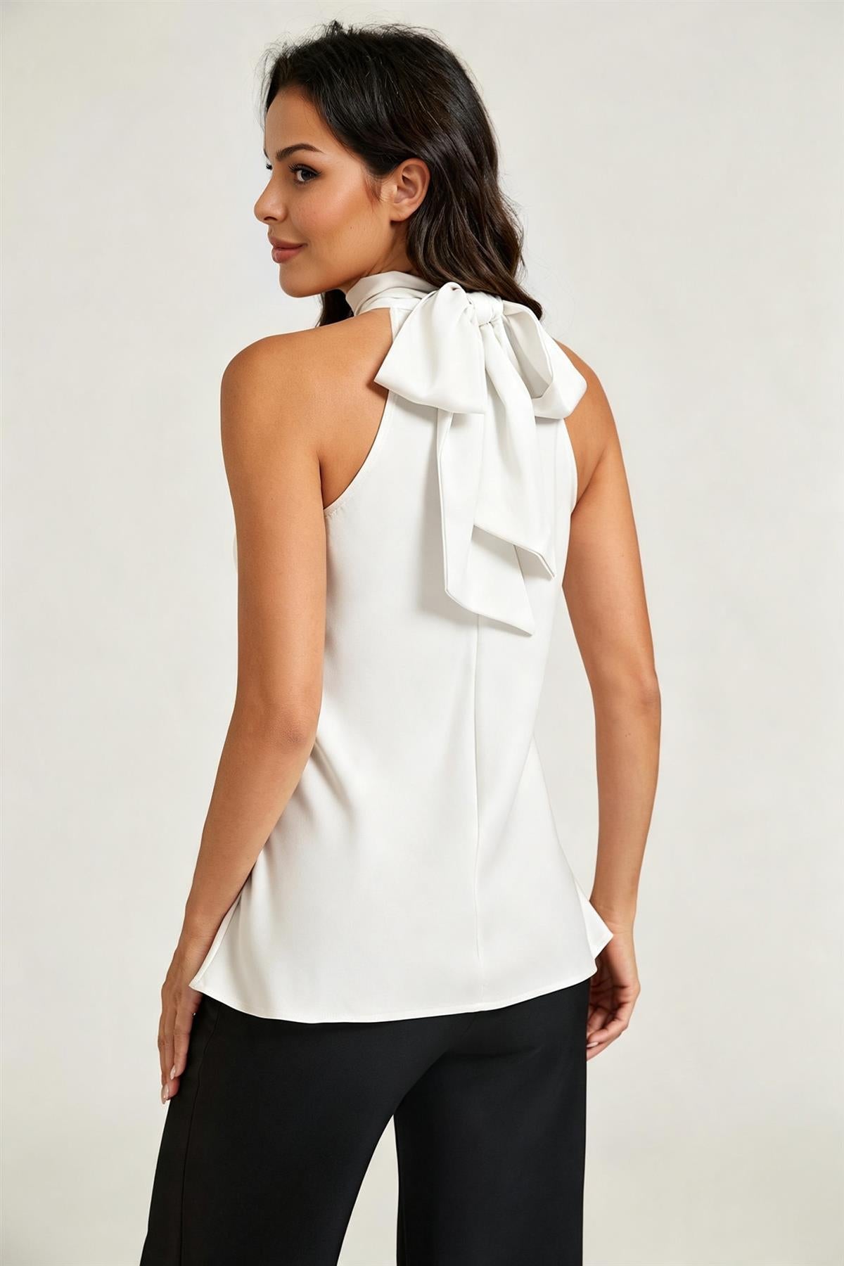 FS Collection Satin Halter Neck Tie Back Top In White