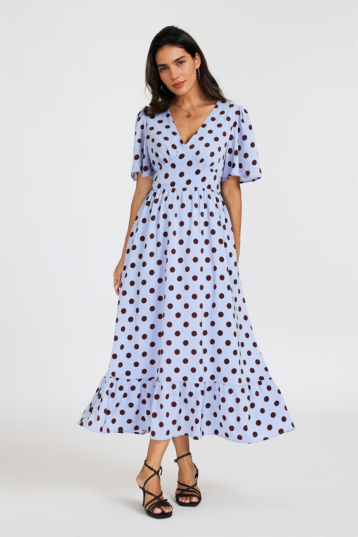 FS Collection Polka Dot Print Angel Sleeve V Neck Frill Hem Midi Dress In Blue
