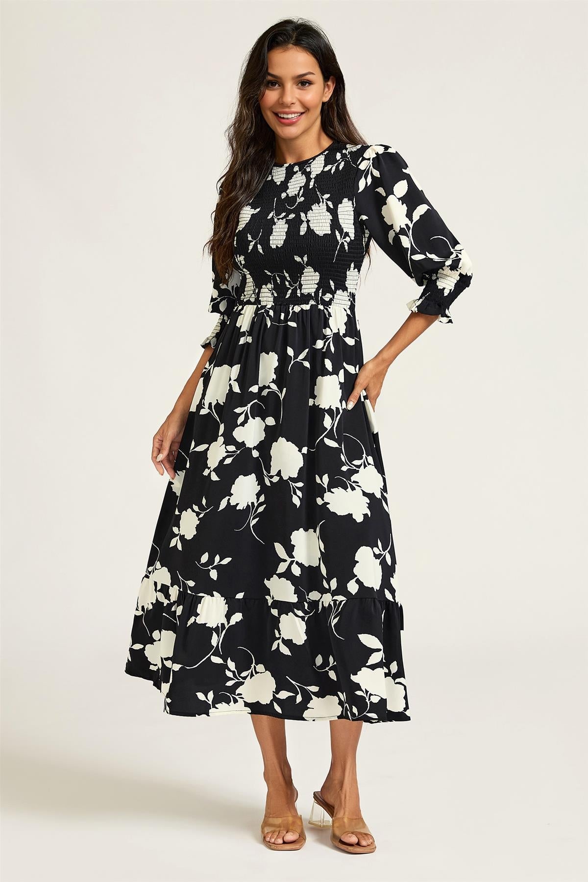 FS Collection Floral Print 3/4 length Sleeves Smocked Midi Dress In Black