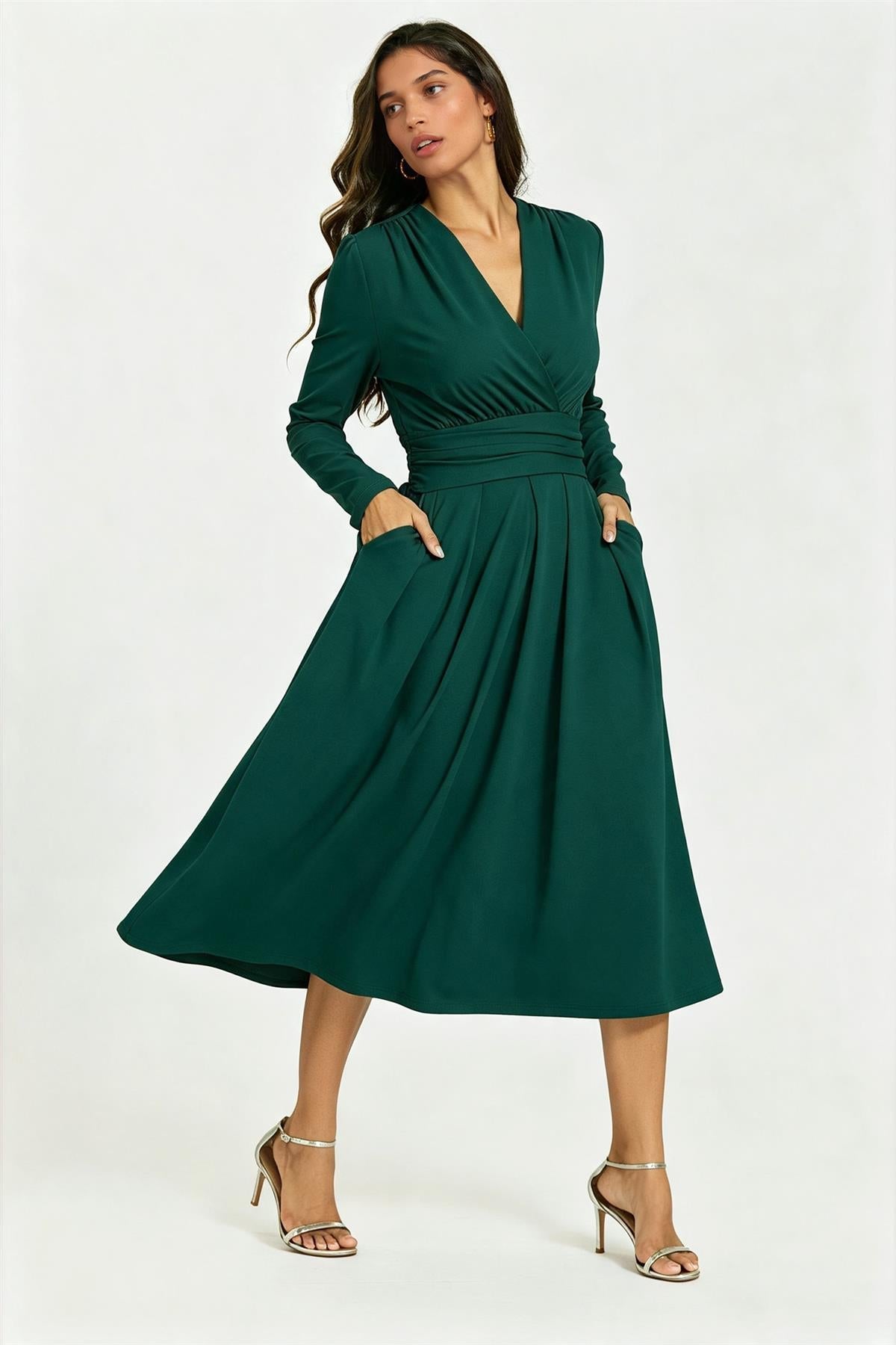 FS Collection Jersey Forest Green Long Sleeve Midi Dress