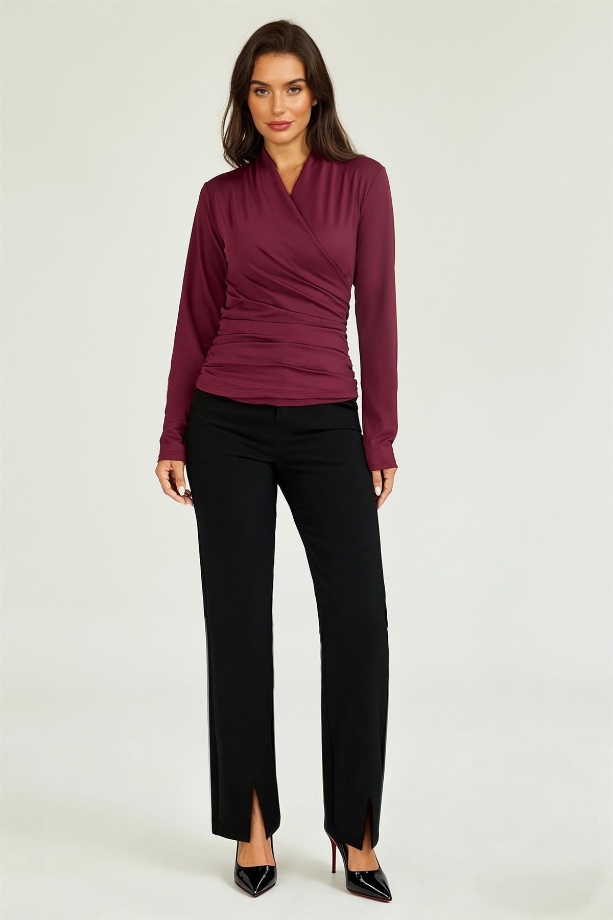 Long Sleeve Wrap Neck Ruched Top In Wine