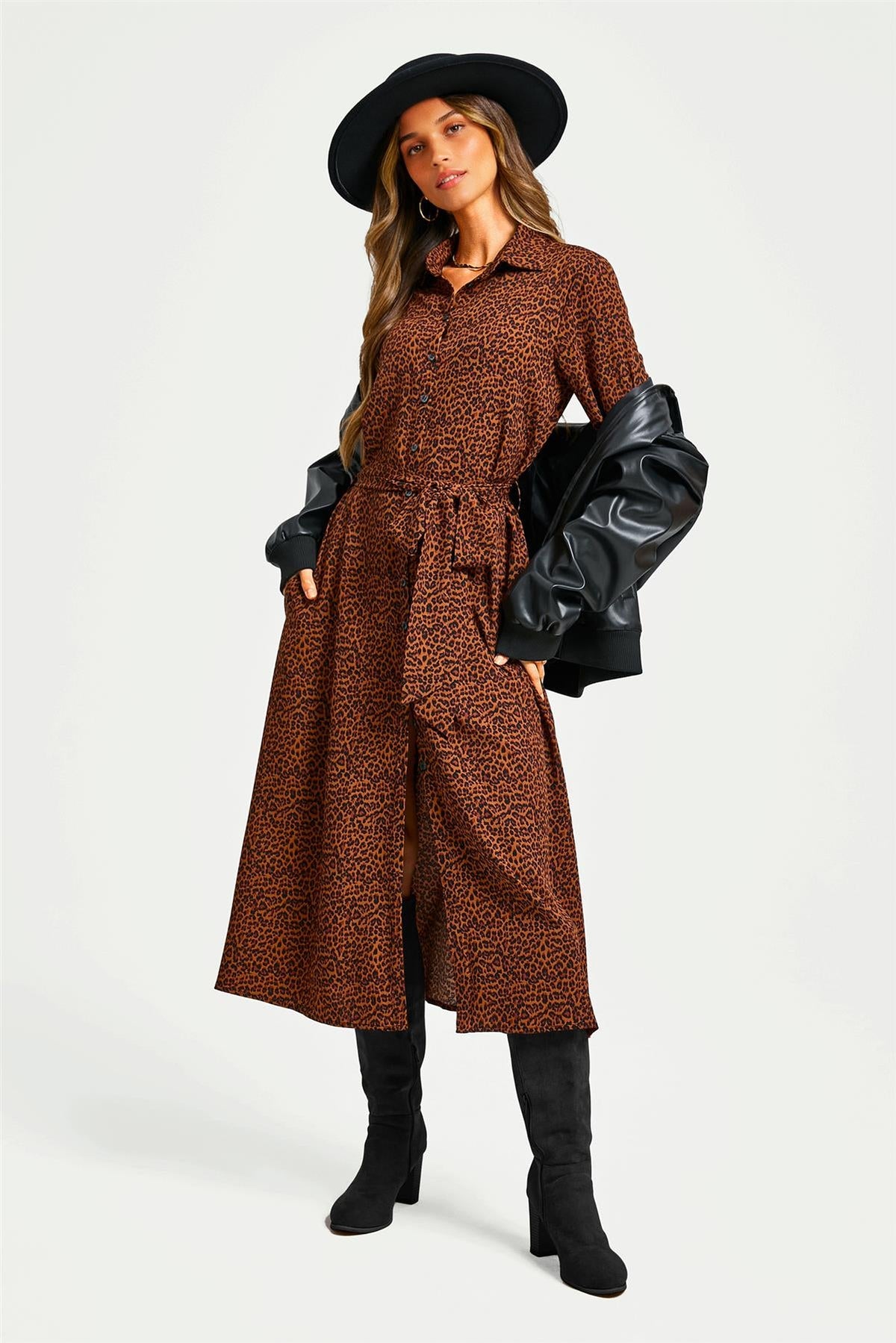 Brown Leopard Print Shirt Midi Dress With Tie Waist + Gold Stretch Leaf Belt