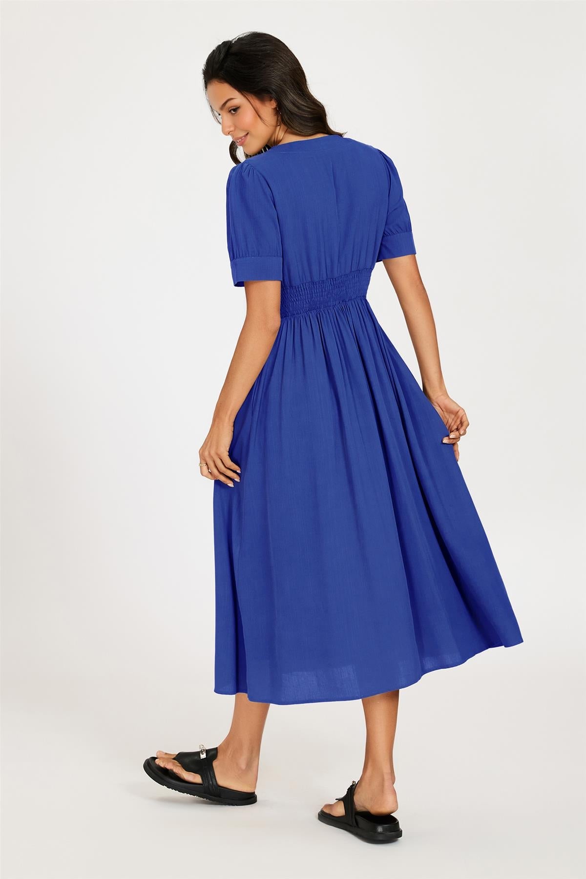 FS Collection Button Front Short Sleeve Midi Dress In Blue