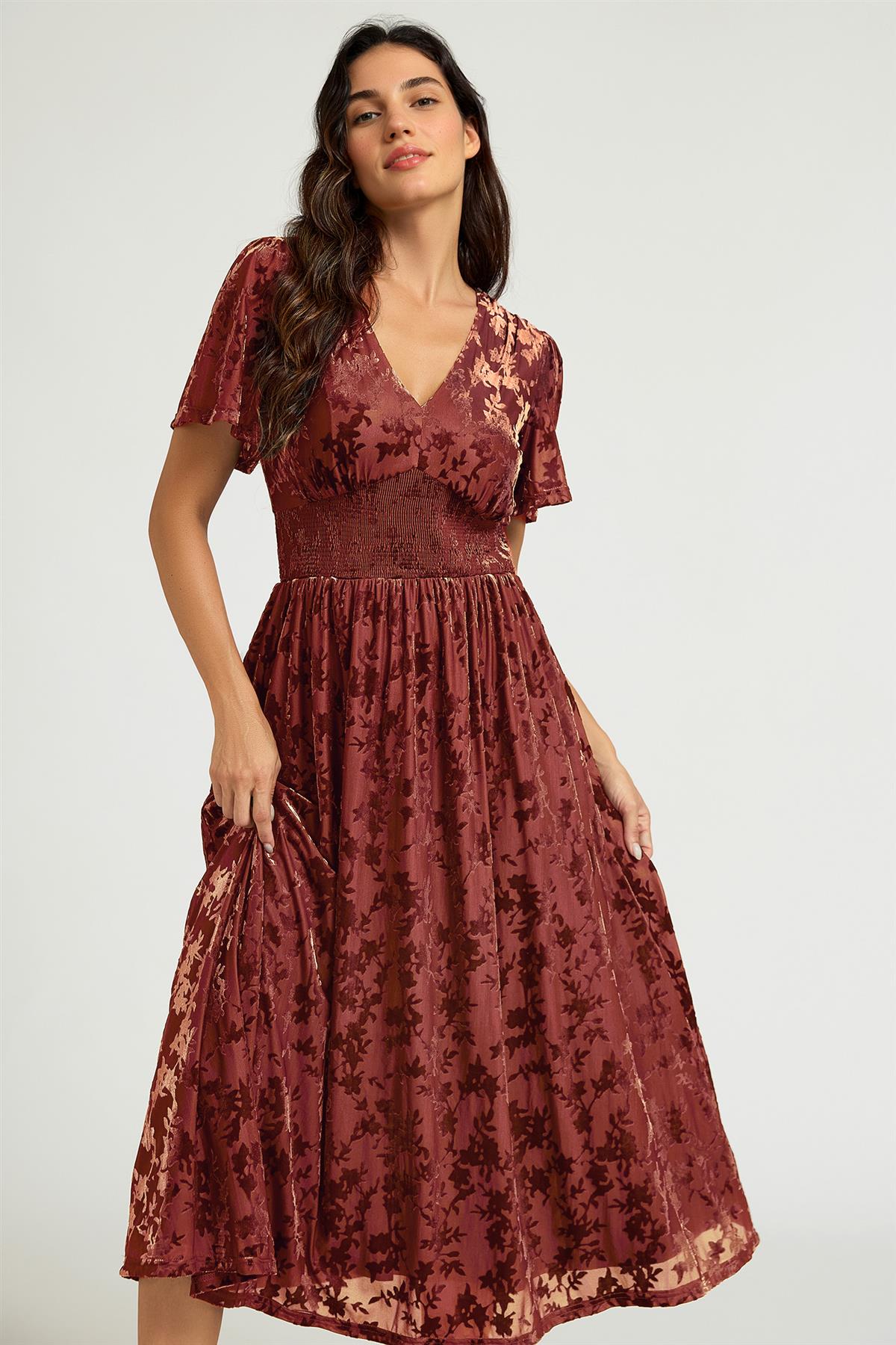 FS Collection Velvet Burnout V-Neck Angel Sleeve Midi Dress