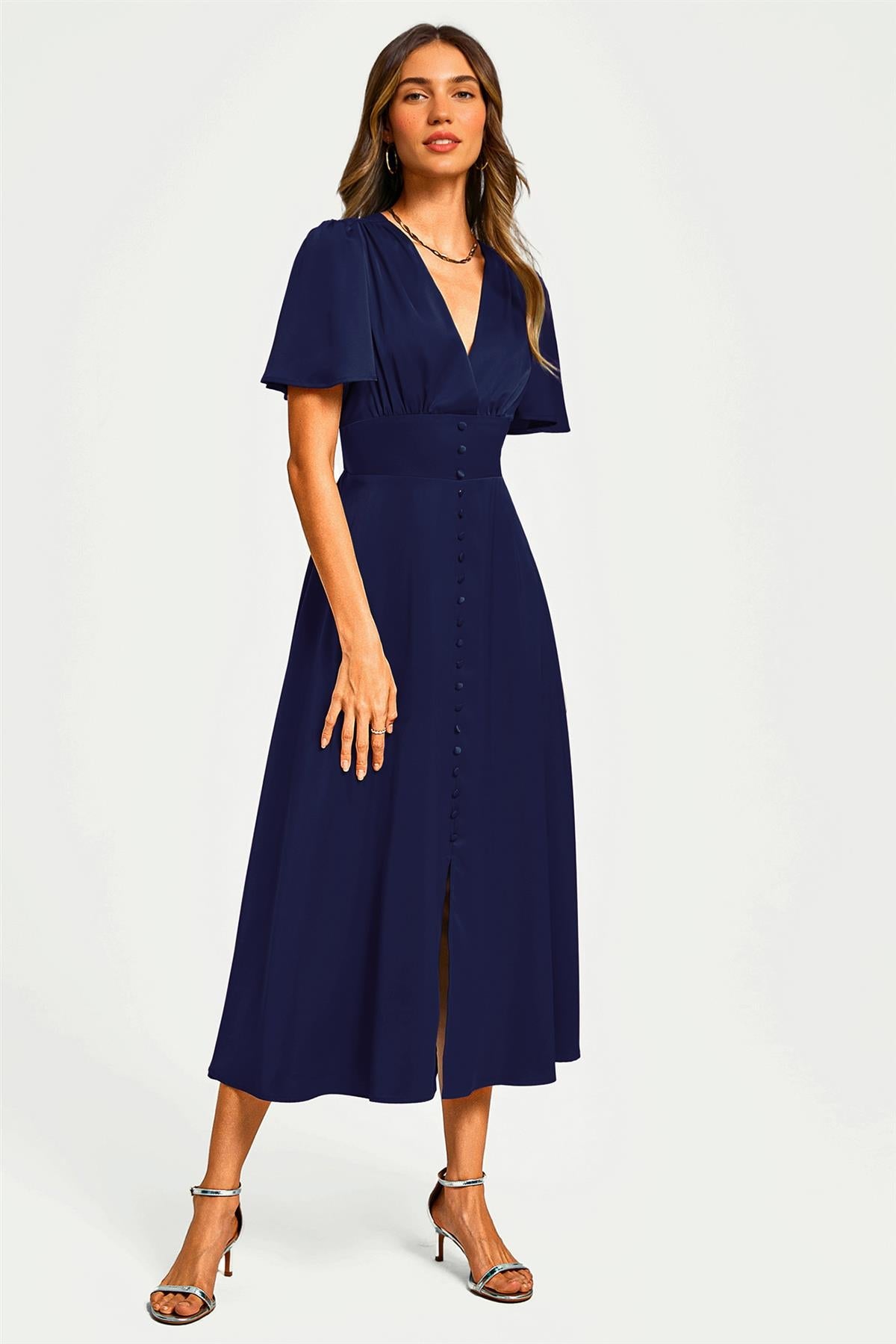 FS Collection Satin V neckline Button Detail Dress In Navy