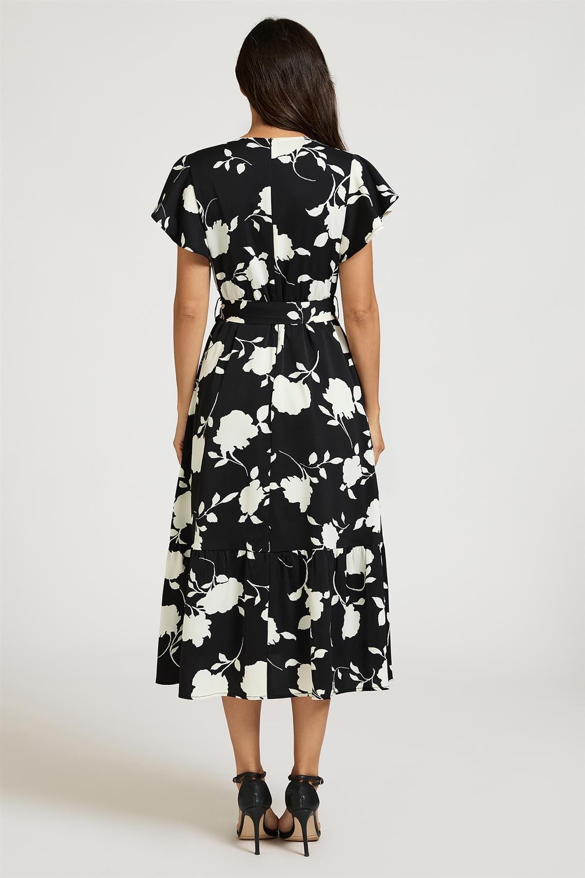 FS Collection White Floral Print Wrap Top Belted Midi Dress In Black