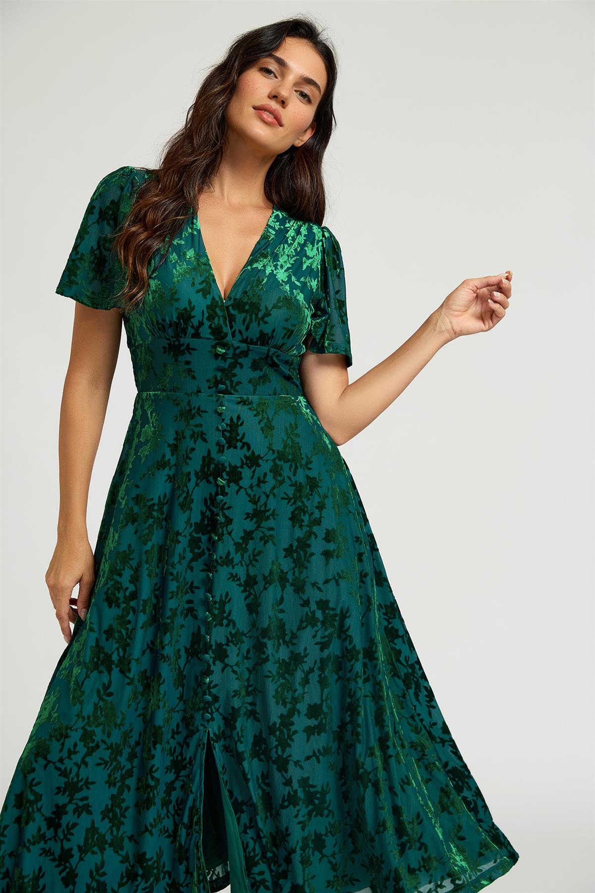 FS Collection Green Floral Velvet Devore V neckline Dress
