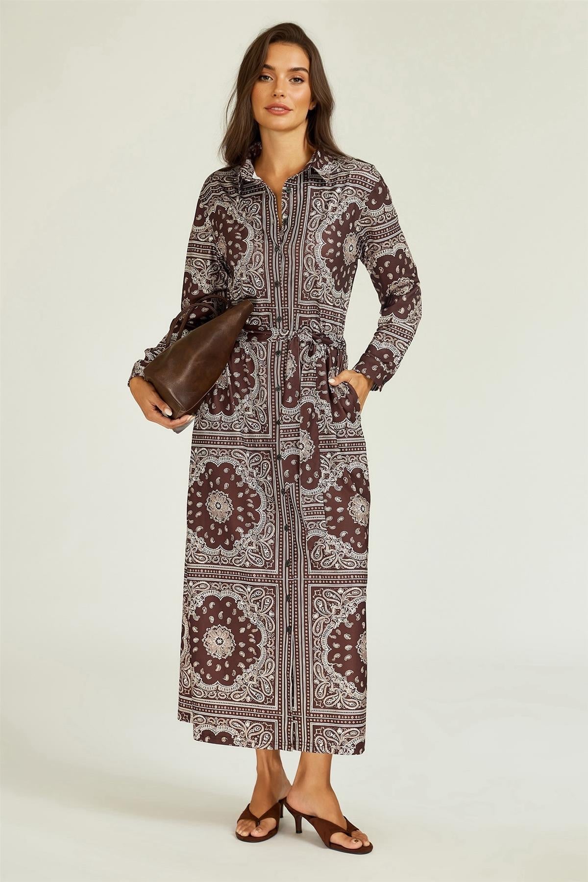 FS Collection Paisley Print Belted Jersey Midi Shirt Dress In Brown