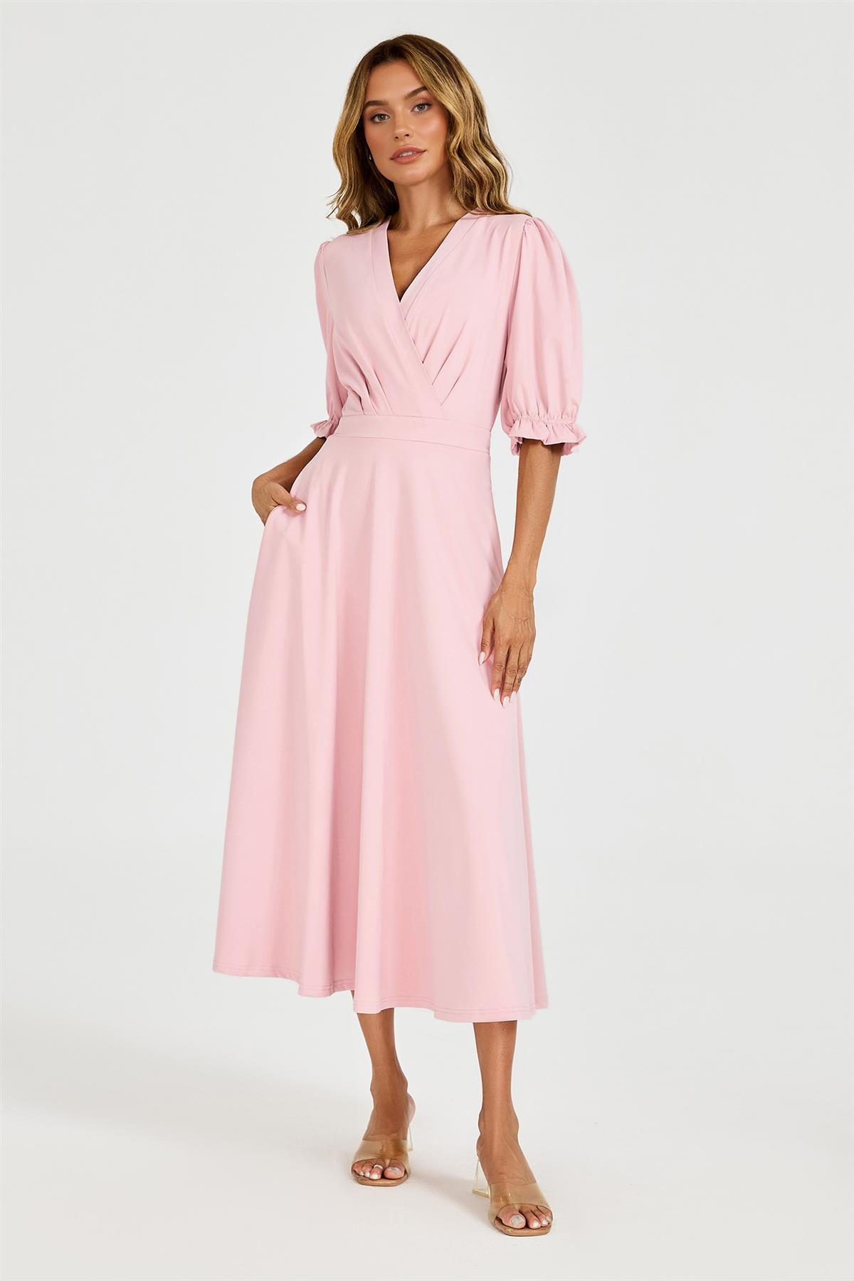 FS Collection Half Sleeves Jersey Midi Dress with Wrap Neckline In Dusty Blush